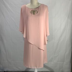 Ignite Evenings Chiffon Overlay Asymmetrical Cape Blush Pink Sheath Dres…